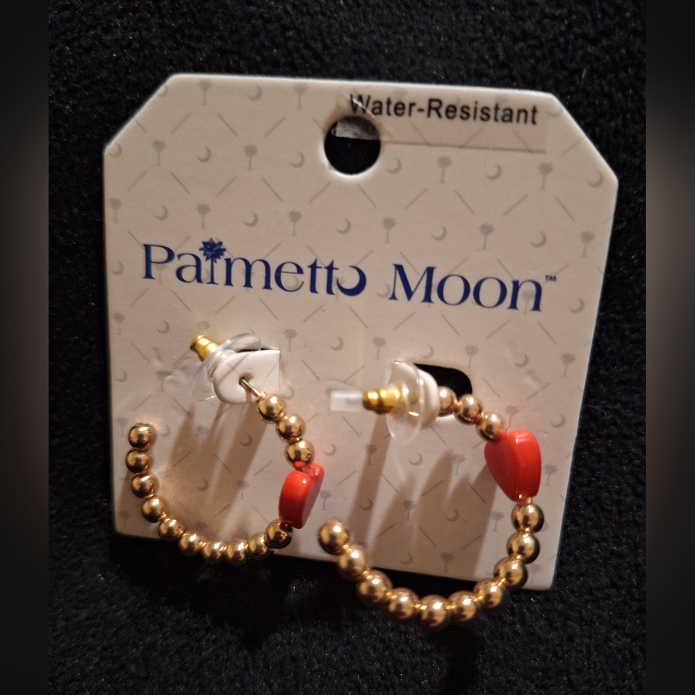 Gold and Red Beaded Hoop Earrings with‎ Heart Palmetto Moon NWT